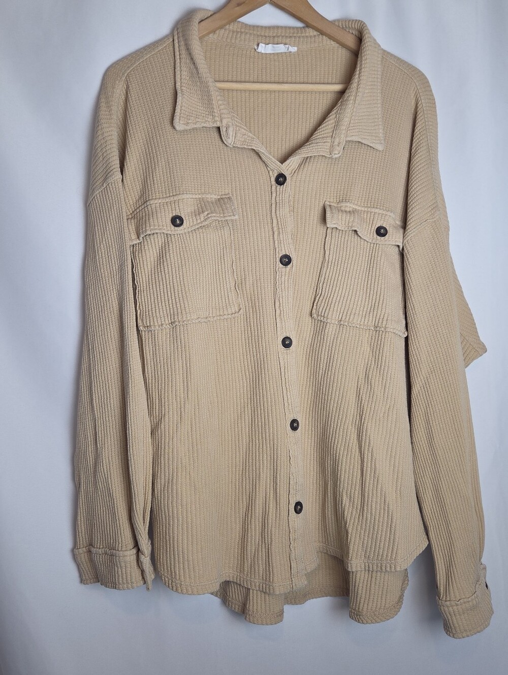 Double Zero Thermal Button Down Shirt Beige Tan Waffle Knit